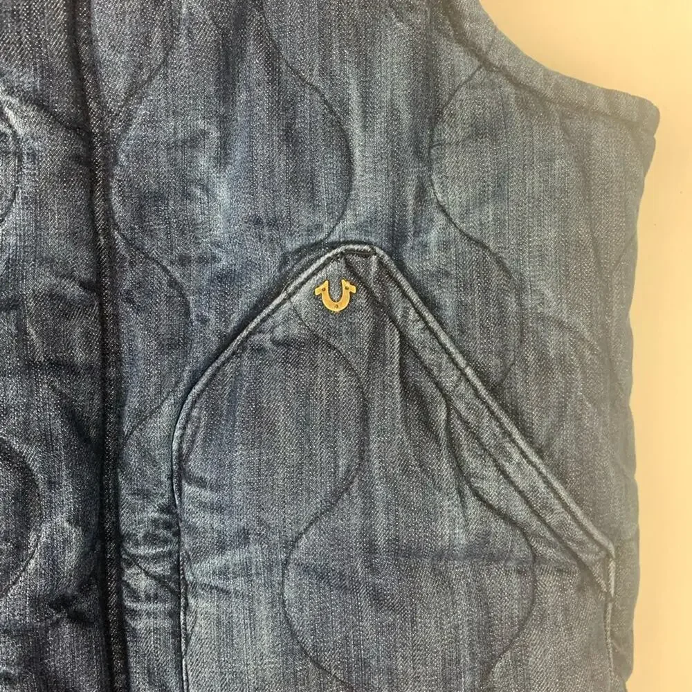 True Religion mens large puffer Indigo Denim Vest reversible logo